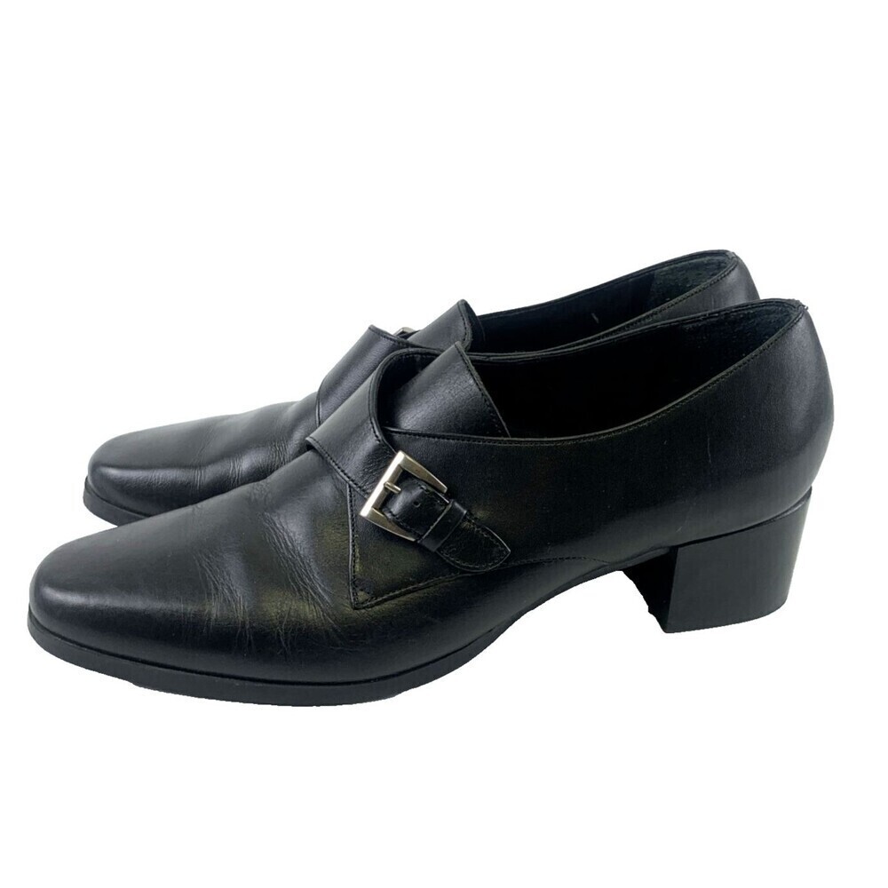 Bandolino Black Leather Pump Block Low Heel Shoe Buckle Slip On Vintage Women 11